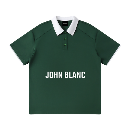 Classic ODMPOD Polo John shirt in navy with a collar, short sleeves, and button placket, displayed on a hanger.